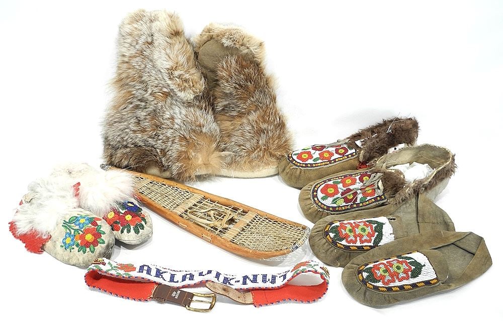 Three Pair of Beaded Tanned Hide Moccasins with Fur Mitts/Aklavik Belt/Snow Shoes. (1 of 3)