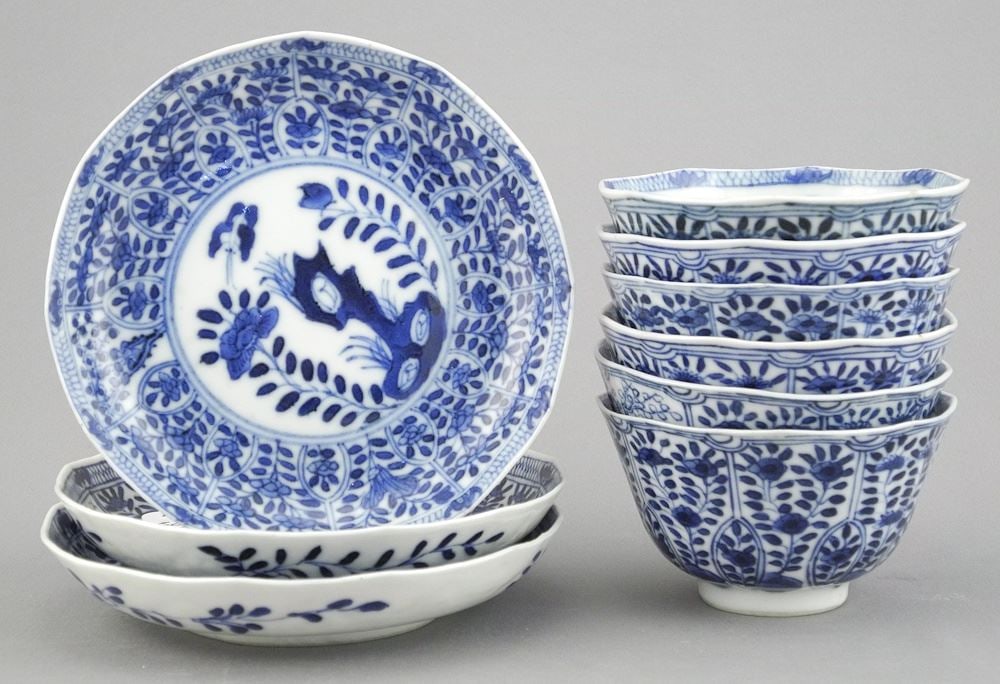 Six Chinese Export Porcelain Tea Bowls & Three Saucers, 4 7/8" Diameter (hairlines). (1 of 3)