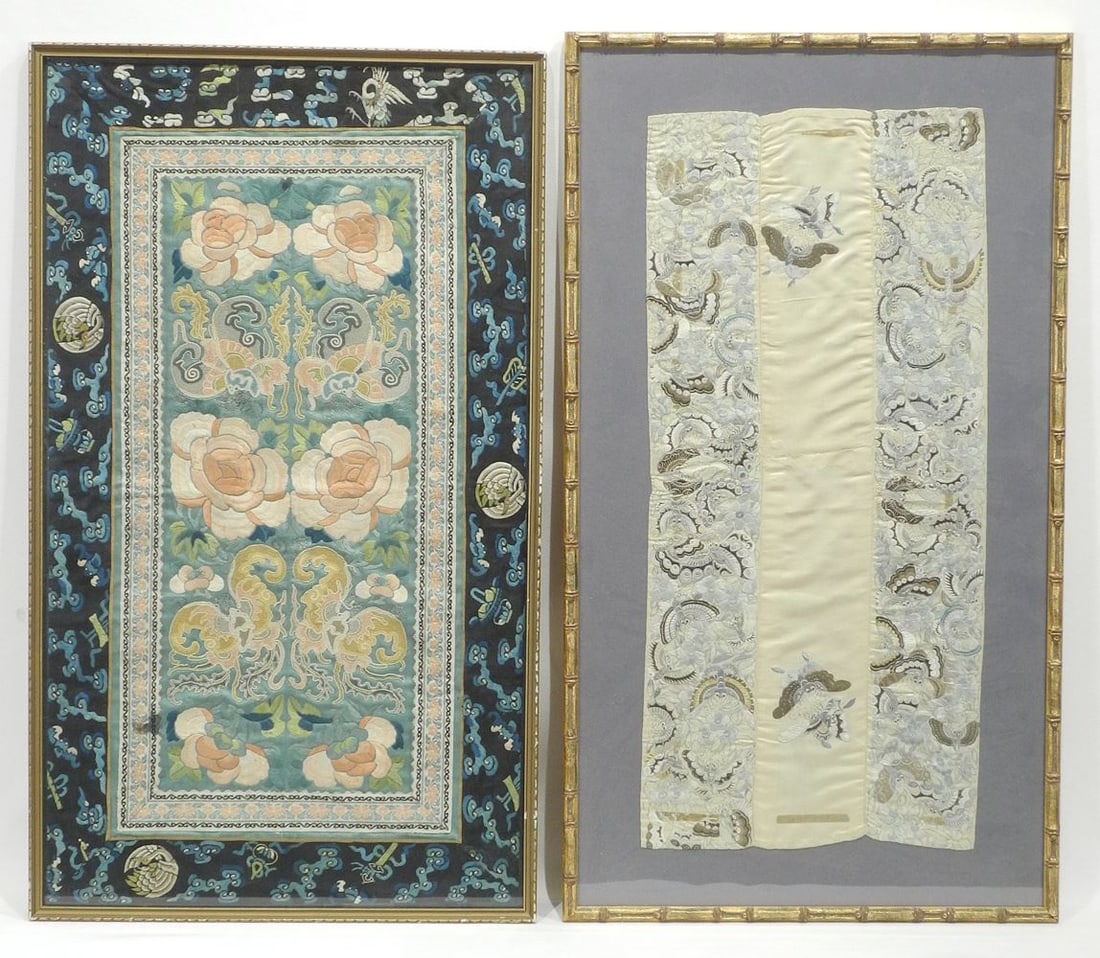 Four Chinese Silk Embroidery Sleeve Panel Pairs, Framed, Largest 28 1/2 x 15 1/4 (glass noted).: Four Chinese Silk Embroidery Sleeve Panel Pairs, Framed, Largest 28 1/2 x 15 1/4 (glass noted).