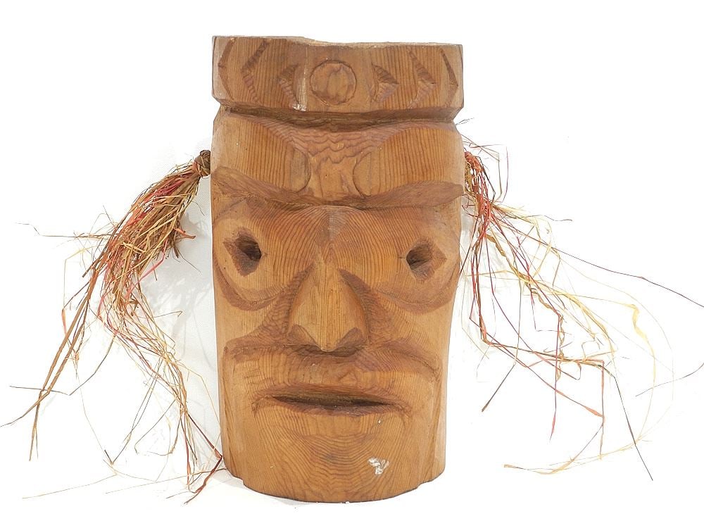 Nuu-Chah-Nulth Cedar Mask signed Dominic Andrews'69, 12"h.: Nuu-Chah-Nulth Cedar Mask signed Dominic Andrews'69, 12"h.