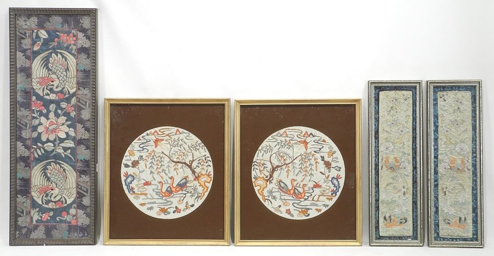 Five Chinese & Japanese Embroidery Sleeve Panels & Panels, Largest 22 3/4 x 7 1/2". (1 of 3)