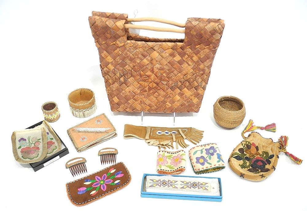 Collection of First Nations Tanned Hide Bead Work/Embroidery/Porcupine Quill/Woven Fibre Items. (1 of 3)