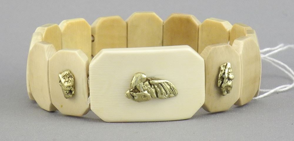 Inuit Fossilized Mammoth Tusk & Gold Nugget Bracelet (tested) TW 17.9g.: Inuit Fossilized Mammoth Tusk & Gold Nugget Bracelet (tested) TW 17.9g.