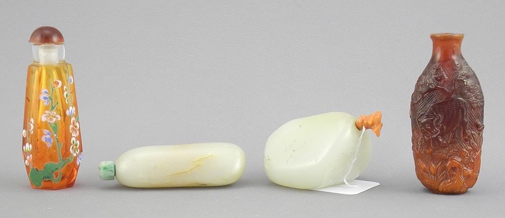 Four Chinese Snuff Bottles: 2 Boulder/Enameled Glass/Synthetic Amber, CANADIAN BIDDERS ON (1 of 2)