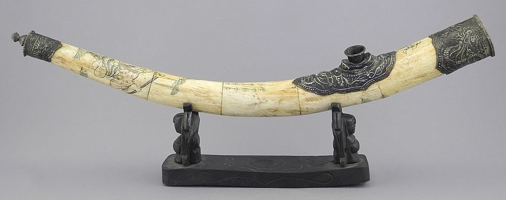 19th C. Carved Bone Opium Pipe with Stand, 17"L.: 19th C. Carved Bone Opium Pipe with Stand, 17"L.