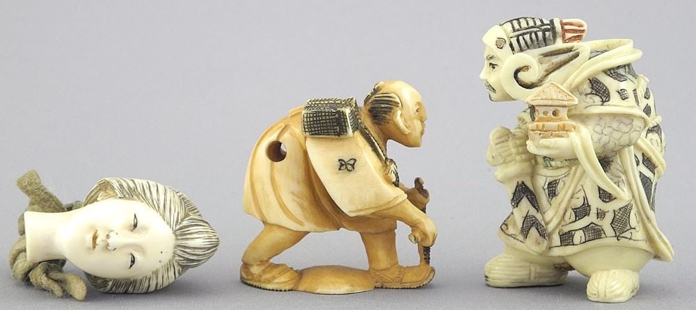 Three Japanese Netsuke: Head of a Lady/Tying Shoe/Robed Figure, 1 3/8- 2"h, 71.5g, NO EXPORT. (1 of 3)