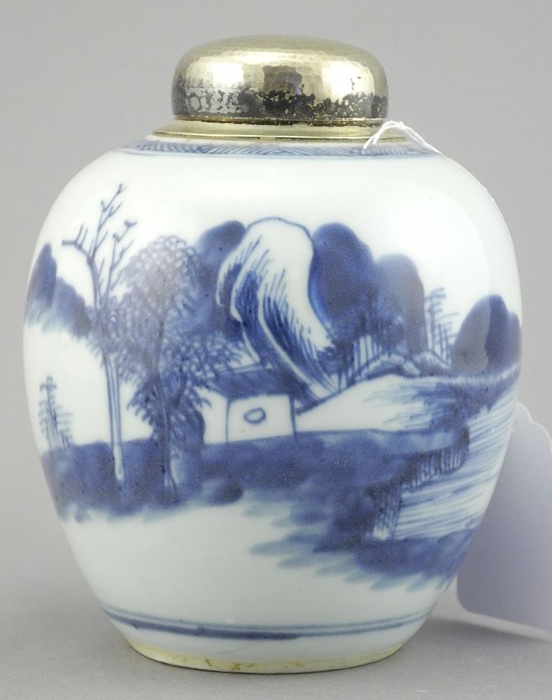 Chinese Blue & White Porcelain Oviform Jar with Later Jefferies & Co. Sterling Cover.: Chinese Blue & White Porcelain Oviform Jar with Later Jefferies & Co. Sterling Cover.