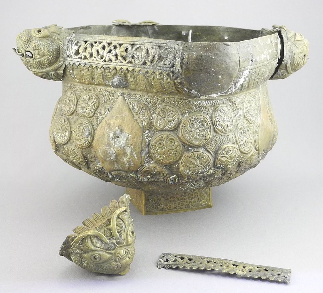 Tibetan Brass Kapala Bowl, 6 3/4 x 8 x 8".: Tibetan Brass Kapala Bowl, 6 3/4 x 8 x 8".