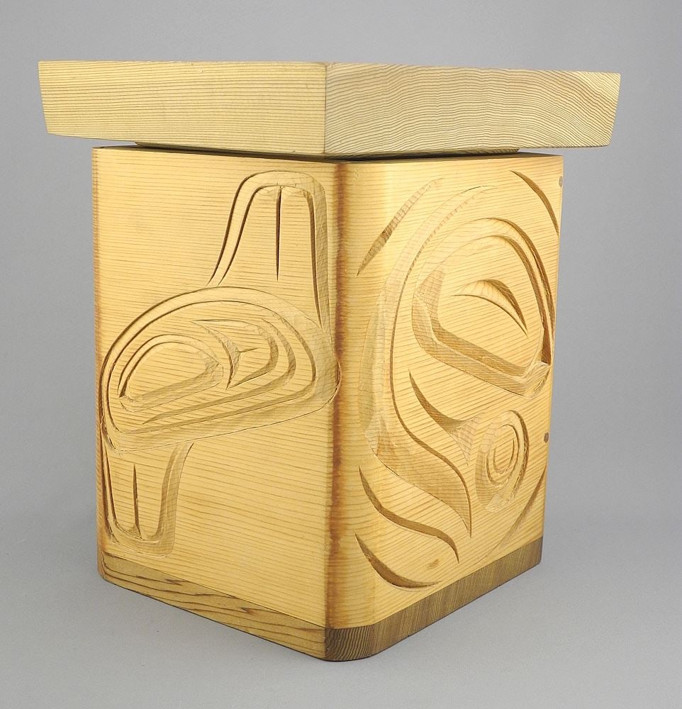 Bentwood Box signed Marvin Craig Wilson, 9 1/8 x 7 3/8 x 7 3/8", "Salmon Head Motif".: Bentwood Box signed Marvin Craig Wilson, 9 1/8 x 7 3/8 x 7 3/8", "Salmon Head Motif".