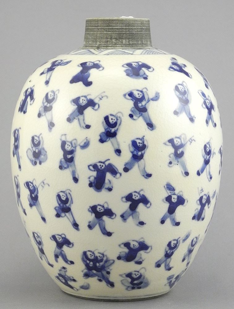 Chinese Blue & White Porcelain "100 Boys" Jar, Kangxi Mark, 5 7/8"h (no cover).: Chinese Blue & White Porcelain "100 Boys" Jar, Kangxi Mark, 5 7/8"h (no cover).