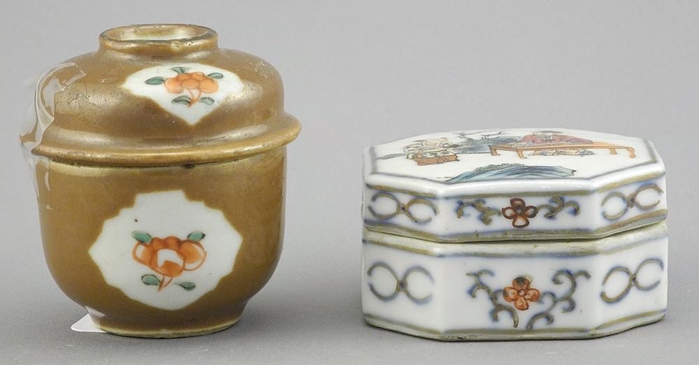 Two Pieces of Chinese Porcelain: Batavian Cup (2 3/8"h) & Famille Rose Box, 2 3/8" Diameter. (1 of 3)