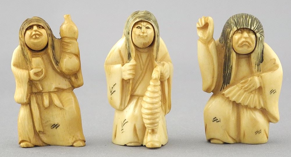 Three Japanese Revolving Netsuke of Actors, apx. 2" High, 56.6 Grams, No Export (1 of 3)
