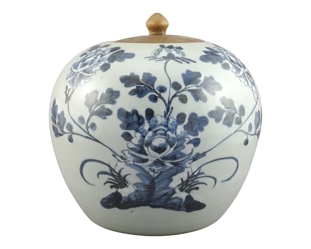 Chinese Pale Celadon Molded Blue & White Porcelain Wares: Pot (7 3/8"h) & Vase w/ Later Wood Cover (1 of 4)