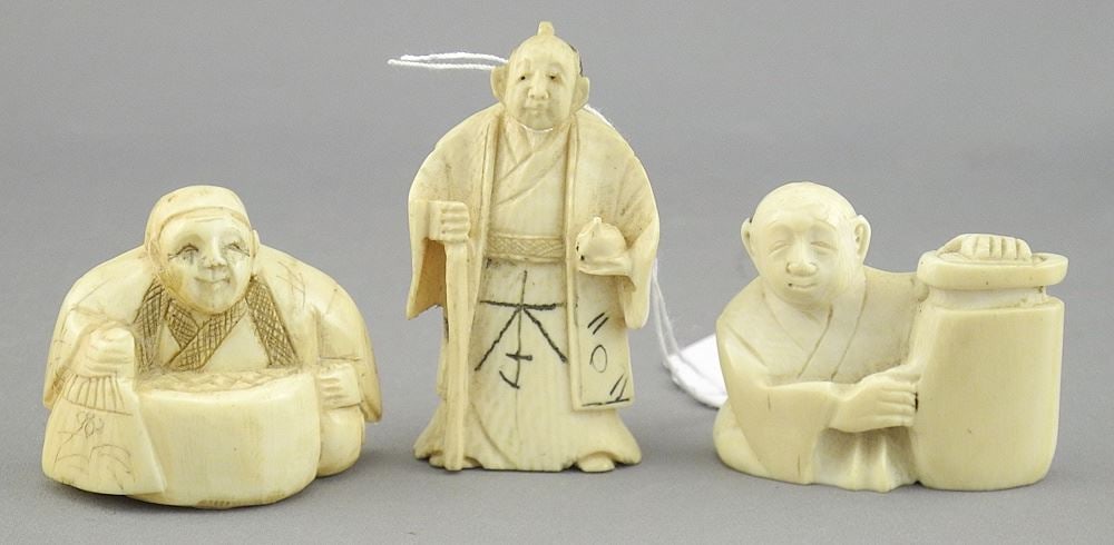 Three signed Netsuke's, 1 1/4 - 2"h , CANADIAN BIDDERS ONLY. - (1 of 2)