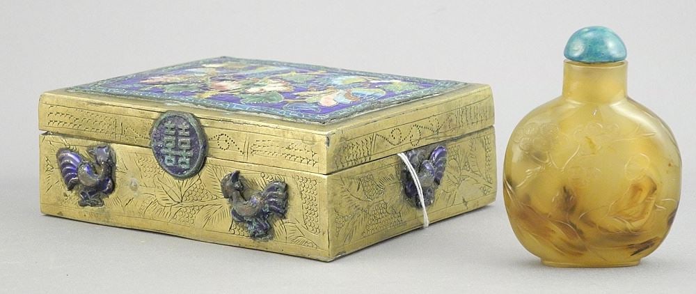 Chinese Agate Snuff Bottle (2 1/4"h) & Enameled Brass Box, 4 1/4"w. (1 of 4)