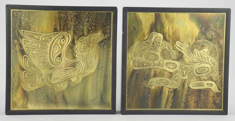 Pair of Northwest Coast-Style Acid Etched Panels by Bernard Rohne, 5 3/8 x 5 3/8". (1 of 1)