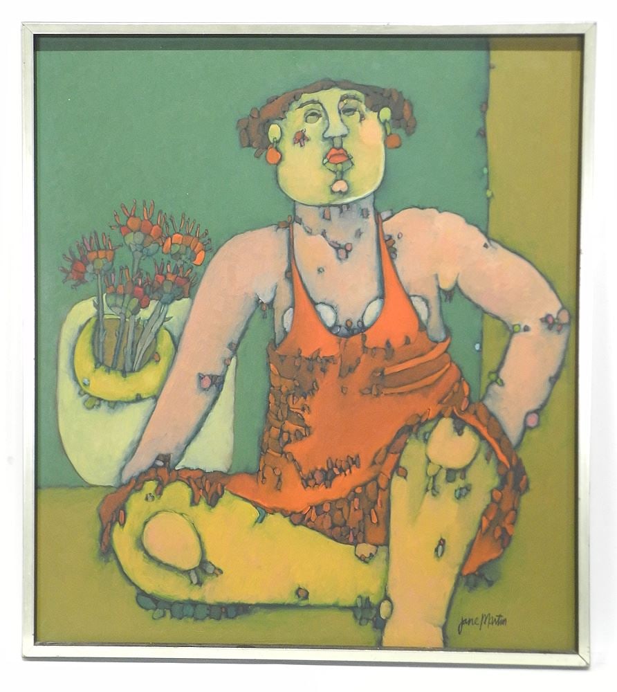 Mixed Media on Board signed Jane Martin, 27 1/2 x 24 1/2", "Woman in Red Dress". (1 of 3)