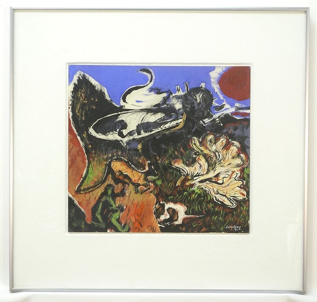 Mixed Media on Paper signed (James) Lindsay '91, 13 5/8" x 14 3/4", "West Coast Fantasy". (1 of 4)