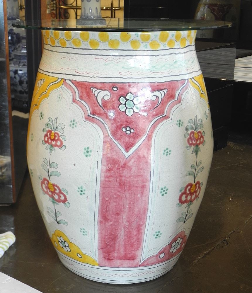 Pair of Talavera Pottery Floor Vases with Glass Tops, 20 3/4"h.: Pair of Talavera Pottery Floor Vases with Glass Tops, 20 3/4"h.