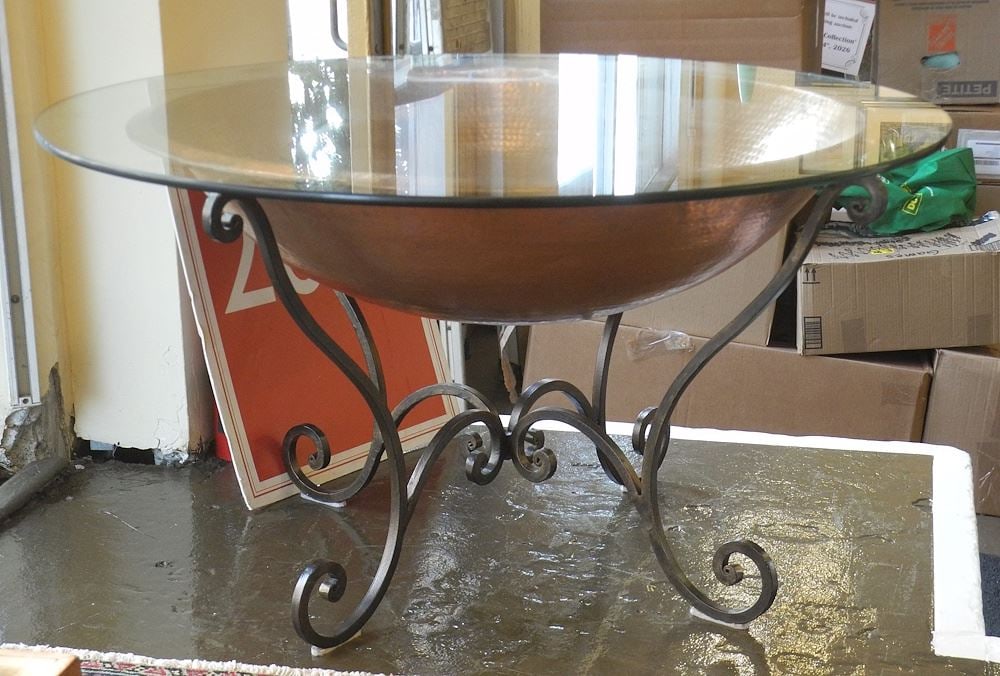 Bombay & Co. Copper Fire Pit (30" diameter) Converted to Glass Top Table, 36" Diameter.: Bombay & Co. Copper Fire Pit (30" diameter) Converted to Glass Top Table, 36" Diameter.