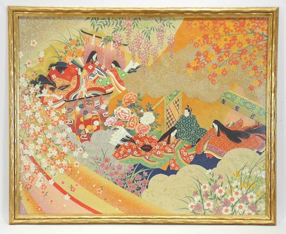 Japanese Mixed Media on Paper, 23 1/2 x 29 1/2", "Fall Scene".: Japanese Mixed Media on Paper, 23 1/2 x 29 1/2", "Fall Scene".