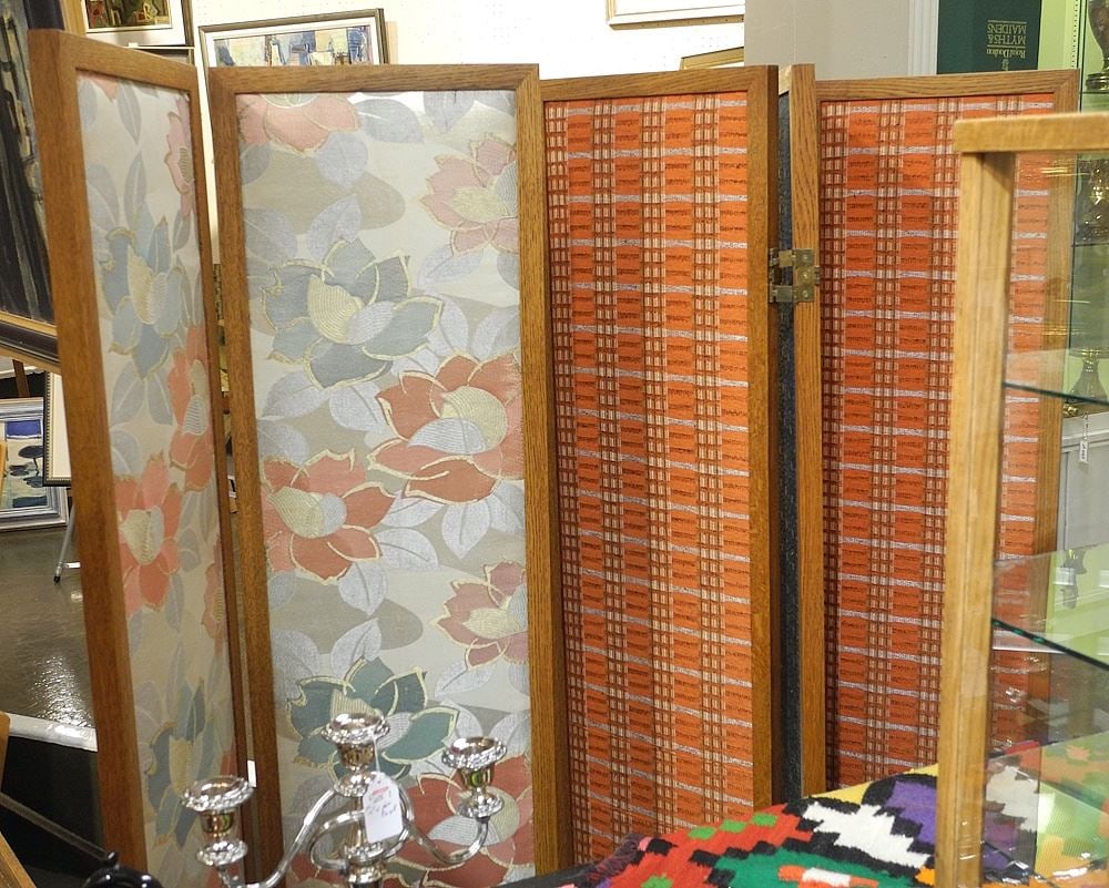 Five Panel Cloth Inset Divider, Each Panel 60 1/4 x 13 3/4" (hinge pins lacking). (1 of 2)