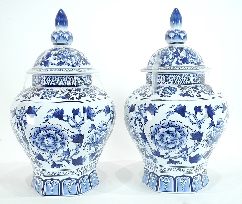 Pair of Chinese Style Blue & White Porcelain Covered Vases, 17 1/2"h, 20th C. (1 of 3)