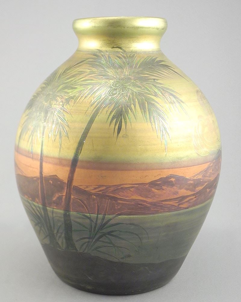 Weller "Lasa" Palm Motif Pottery Vase, 8 7/8"h (scratch noted).: Weller "Lasa" Palm Motif Pottery Vase, 8 7/8"h (scratch noted).
