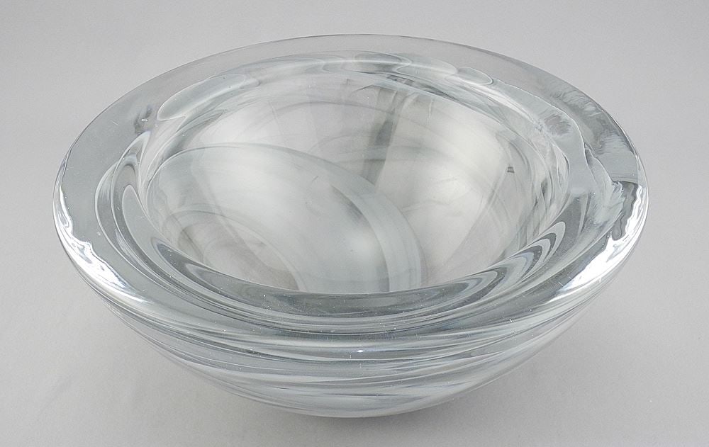 Kosta Boda "Grey Swirl Hurricane" Bowl, Anna Ehrner, 3 3/4 X 8 3/4" Diameter.: Kosta Boda "Grey Swirl Hurricane" Bowl, Anna Ehrner, 3 3/4 X 8 3/4" Diameter.