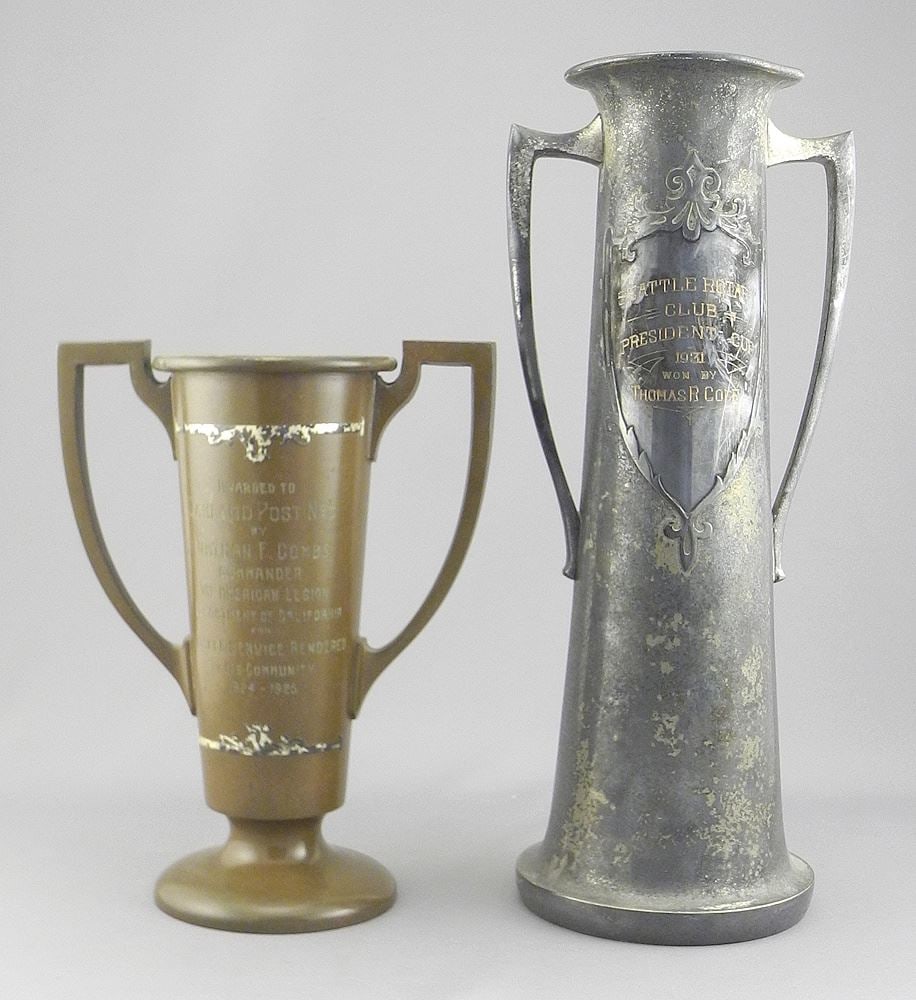 Two Silver Crest Sterling Decorated Trophy Vases, Inscribed, 12 3/4 & 8 3/8"h. (1 of 5)