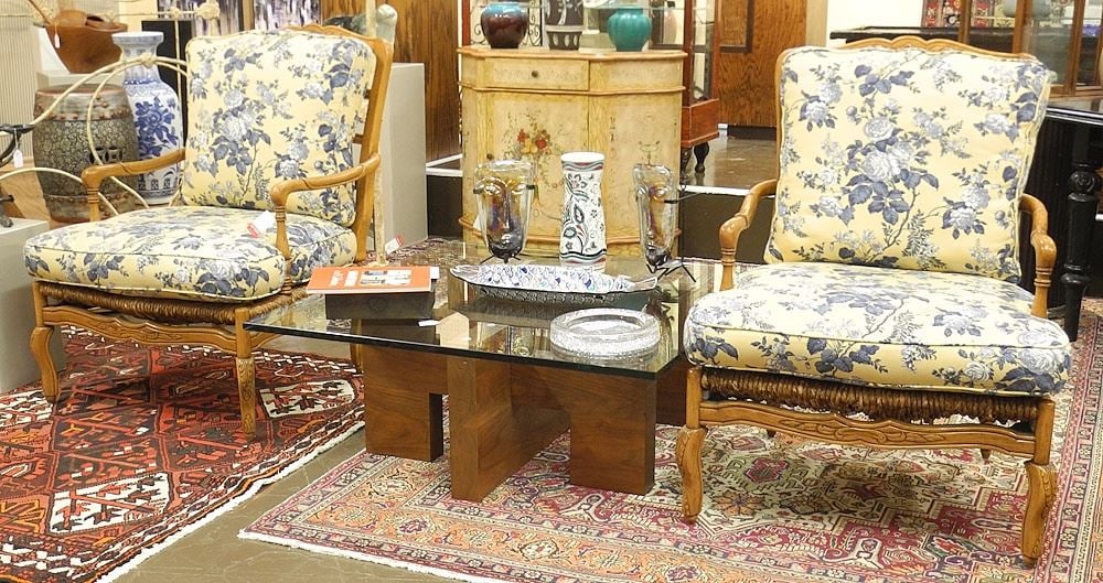 Pair of Provencal Style Rush Seat & Toile Fauteuils. (1 of 4)