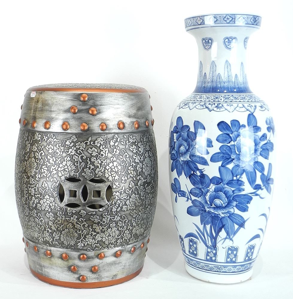 Chinese Silver Finish Garden Seat (18"h) & Blue & White Vase, 24 1/2": Chinese Silver Finish Garden Seat (18"h) & Blue & White Vase, 24 1/2"