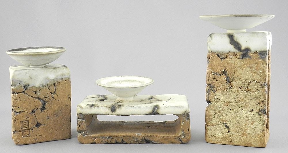 Stoneware Candle Garniture with Impressed Marks of Ron Tribe, 3 - 6 1/8"h.: Stoneware Candle Garniture with Impressed Marks of Ron Tribe, 3 - 6 1/8"h.