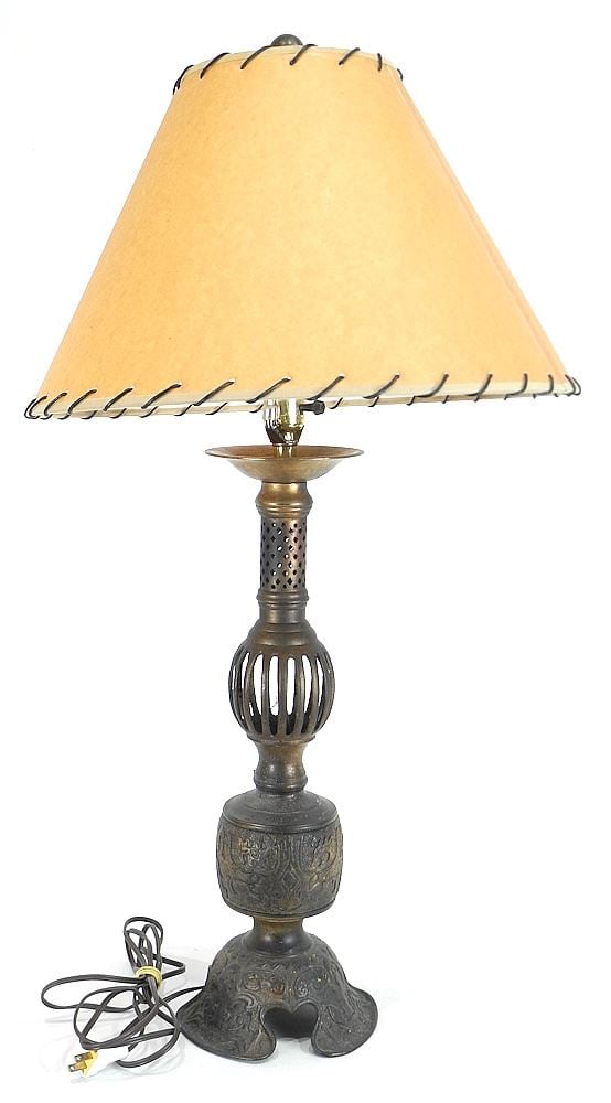 Japanese Archaic Chinese Style Bronze Finish Table Lamp, 34"h. (1 of 2)