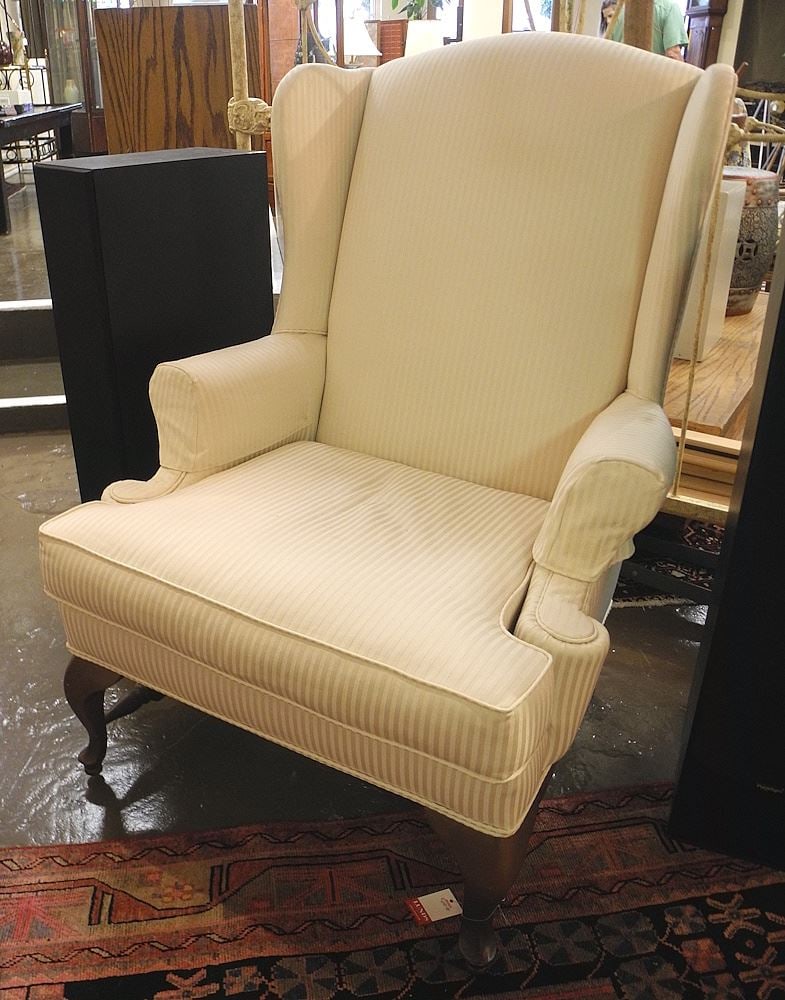 Cream Striped Wingback Armchair.: Cream Striped Wingback Armchair.
