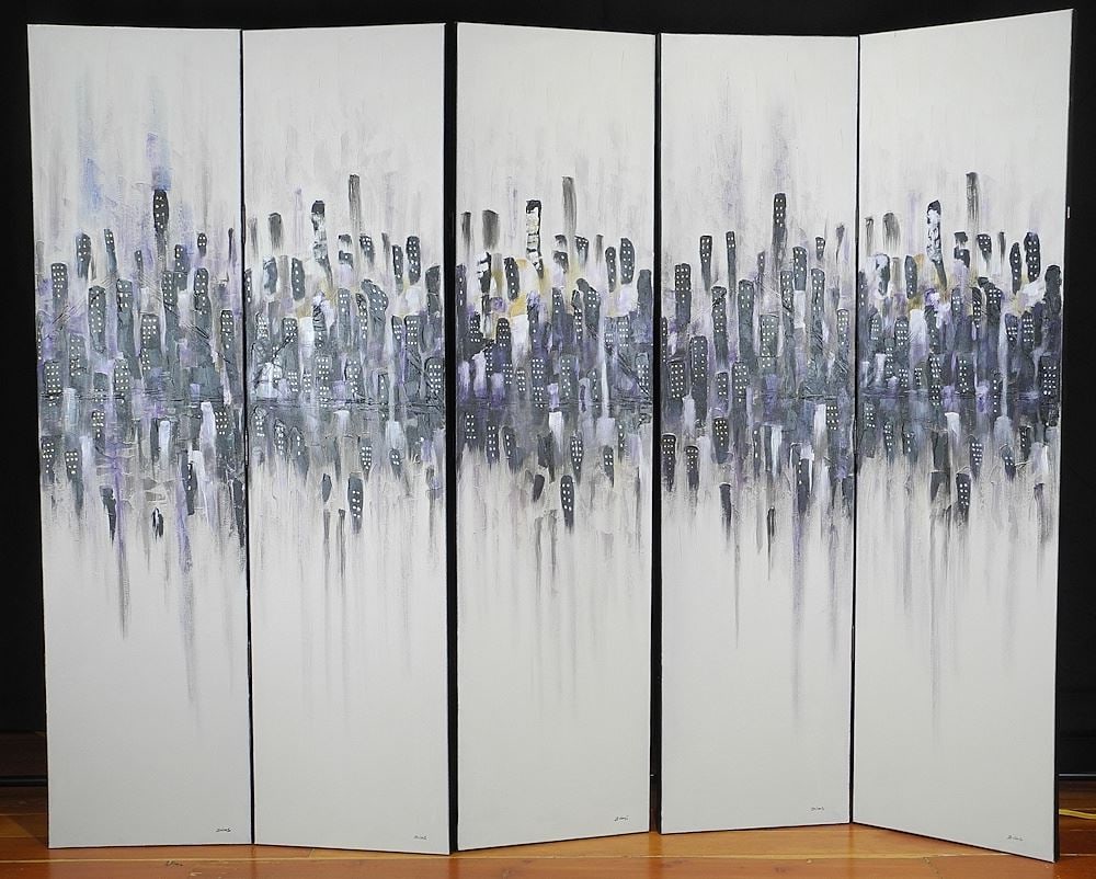 Five Panel Oil on Canvas signed Elias (Munoz), Each 64 x 16", "Violet Metropolis 2012".: Five Panel Oil on Canvas signed Elias (Munoz), Each 64 x 16", "Violet Metropolis 2012".