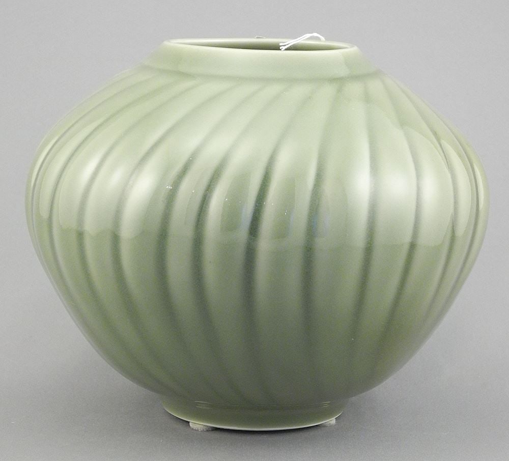 Carved Celadon Porcelain Vase signed (Bill) Reddick, 5 3/8"h. (1 of 2)