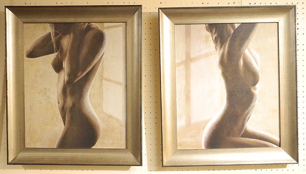 Pair of Unsigned Textured Prints, 23 x 19", "Nude Studies".: Pair of Unsigned Textured Prints, 23 x 19", "Nude Studies".