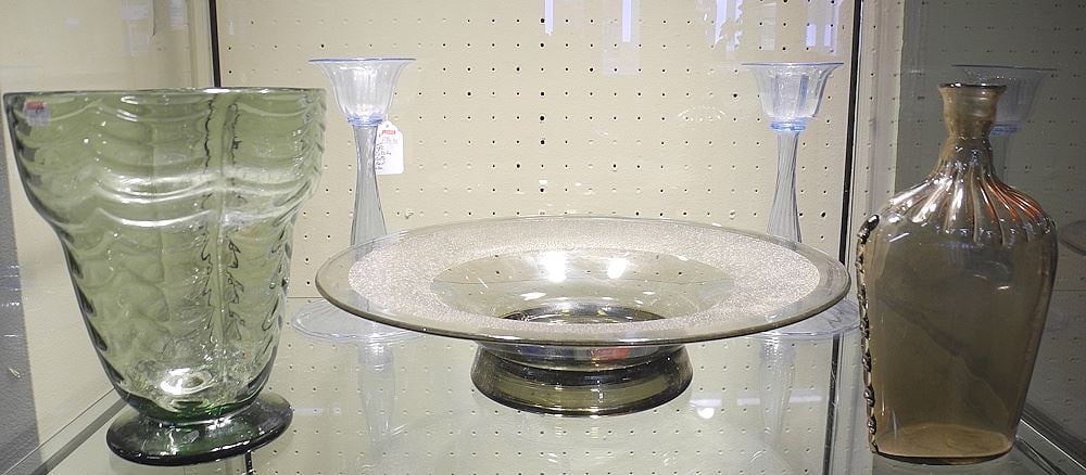 Hand Blown Wriggle Work Glass Center Bowl (14 1/4" diam.) & Pair of Candlesticks w/ Vase & Bot (1 of 1)