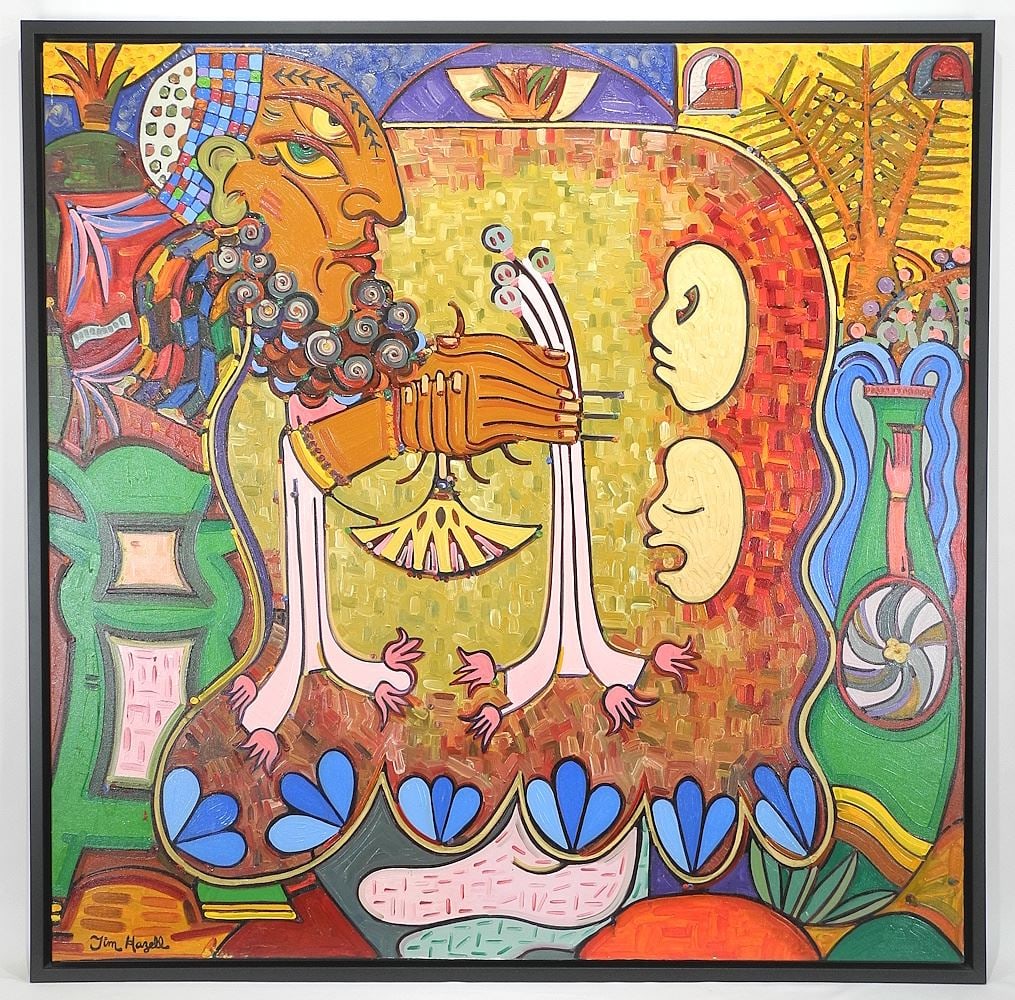 Acrylic on Canvas signed Tim Hazell, 47 1/2 x 47 1/2", "Stylized Figure Holding Flowers". (89): Acrylic on Canvas signed Tim Hazell, 47 1/2 x 47 1/2", "Stylized Figure Holding Flowers". (89)