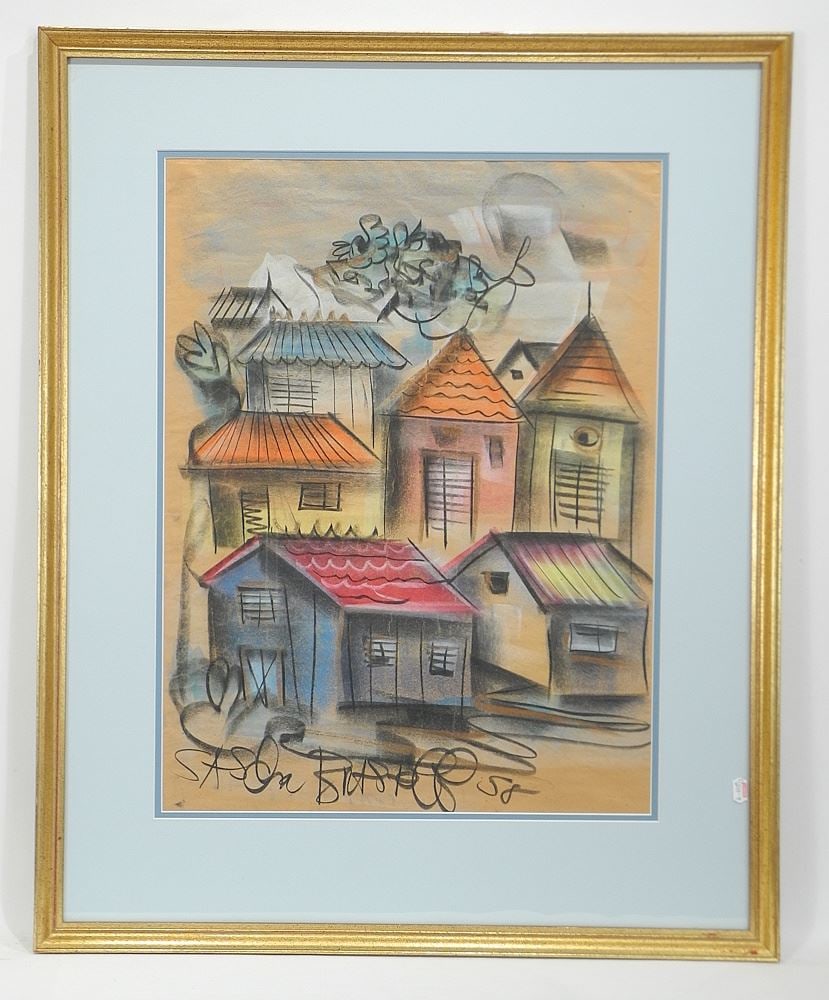 Pastel on Paper signed Sascha Brastoff, 22 1/4 x 17"h, "Architectural Composition (1 of 3)