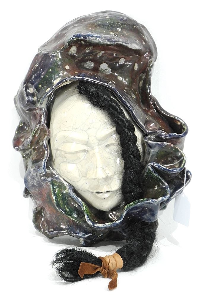 Raku Portrait Mask (13 1/2"h) with Braided Feature.: Raku Portrait Mask (13 1/2"h) with Braided Feature.