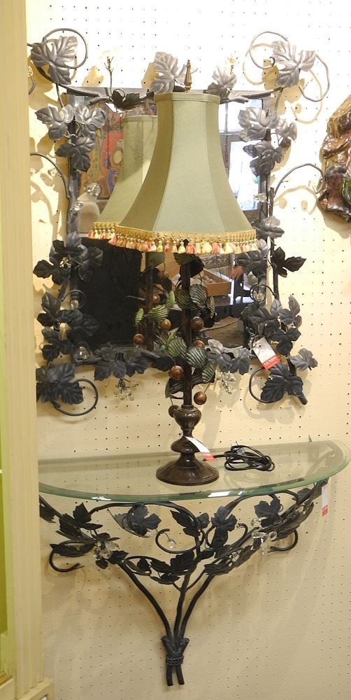 Foliate Metalwork Console Table/ Mirror/Table Lamp, Approximately 57"h (variable). (1 of 3)