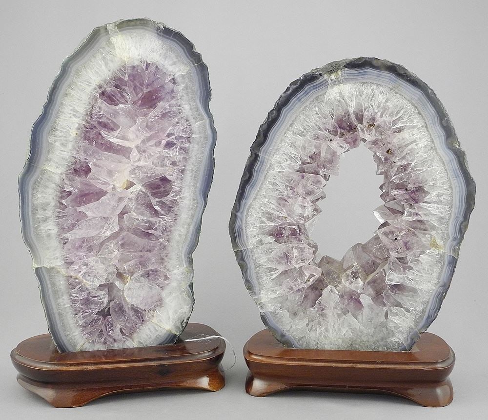 Two Amethyst Geode Specimens on Stands, 10 1/4 & 9"h. (1 of 2)