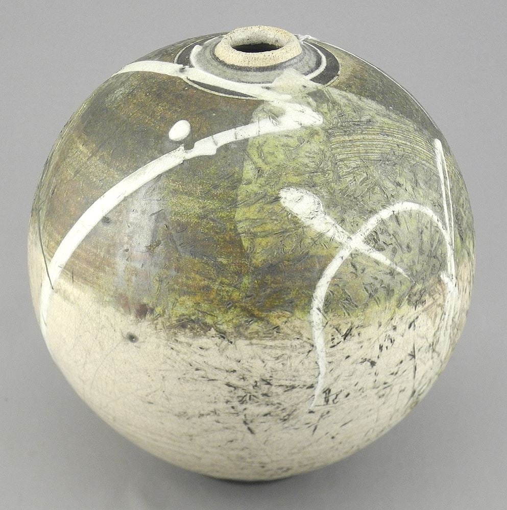 Globular Raku Vase signed (Gordon) Hutchens, 6 7/8"h. (1 of 4)