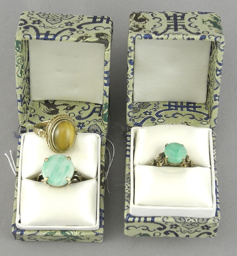 3 Chinese Jade & Tigers Eye Cabochan Rings (marked silver), Variable Size , Includes Boxes, TW 16g. (1 of 3)