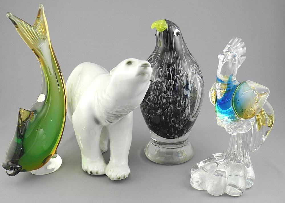 Royal Dux Polar Bear (12"L) with 3 Glass Animal Ornaments.: Royal Dux Polar Bear (12"L) with 3 Glass Animal Ornaments.