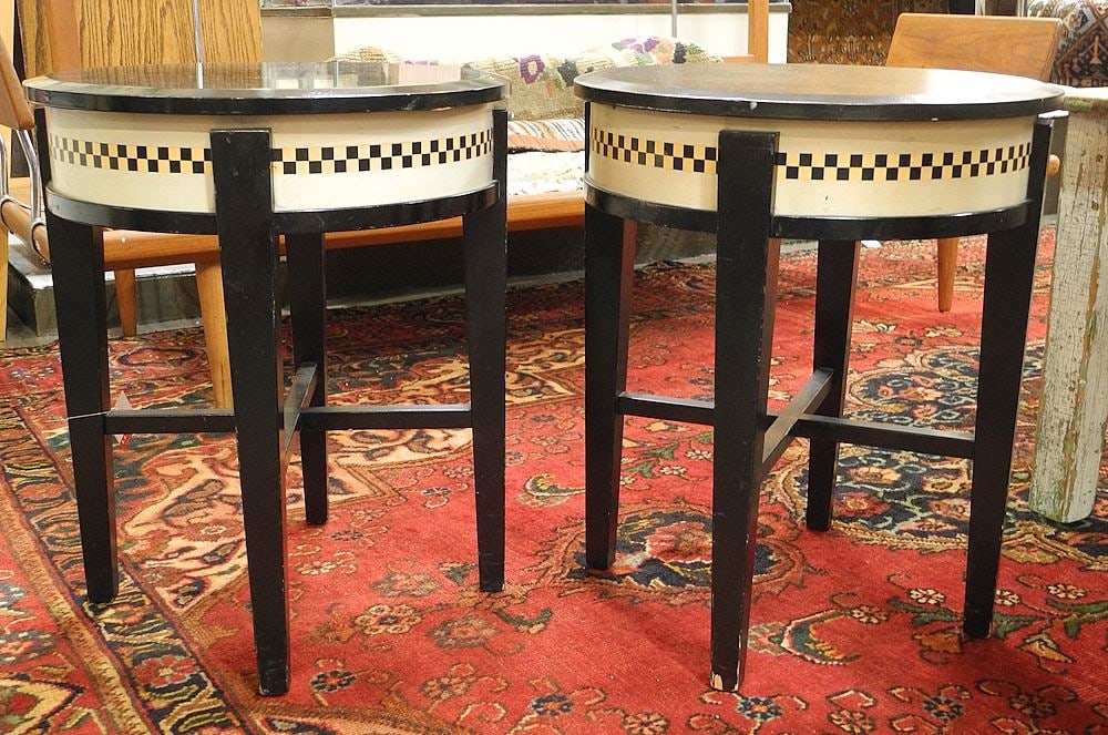 Pair of Ebonized (21"h) & Checkered Art Deco Style Side Tables (as found). (1 of 2)