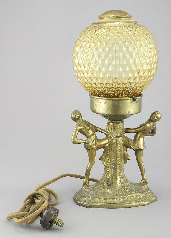 Vintage Gilt Flash Zinc & Amber Glass Figural Table Lamp, 12 1/4"h. (1 of 2)