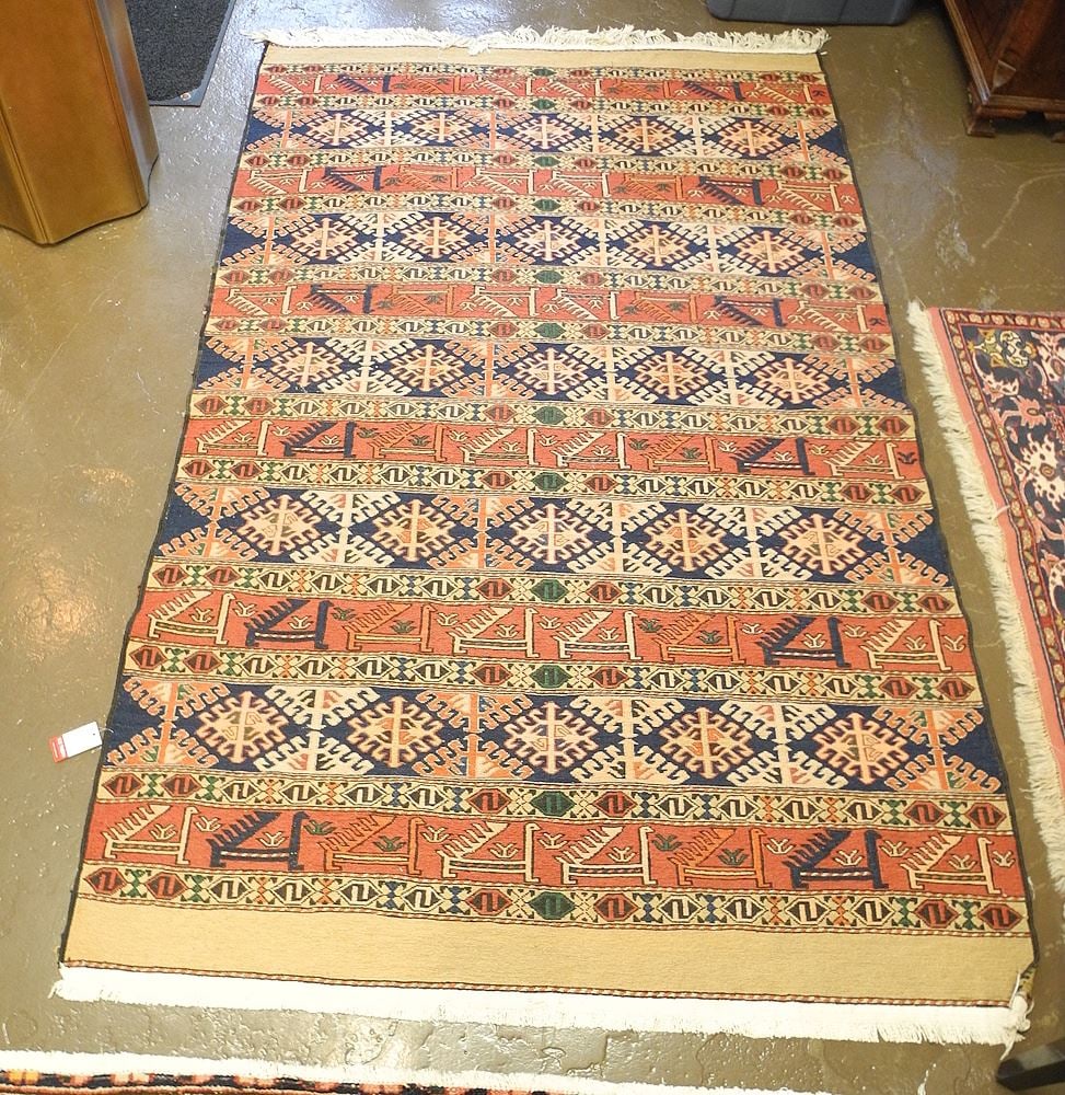 Hand Woven Sumak Kilim Approximately 7' x 4'2".: Hand Woven Sumak Kilim Approximately 7' x 4'2".